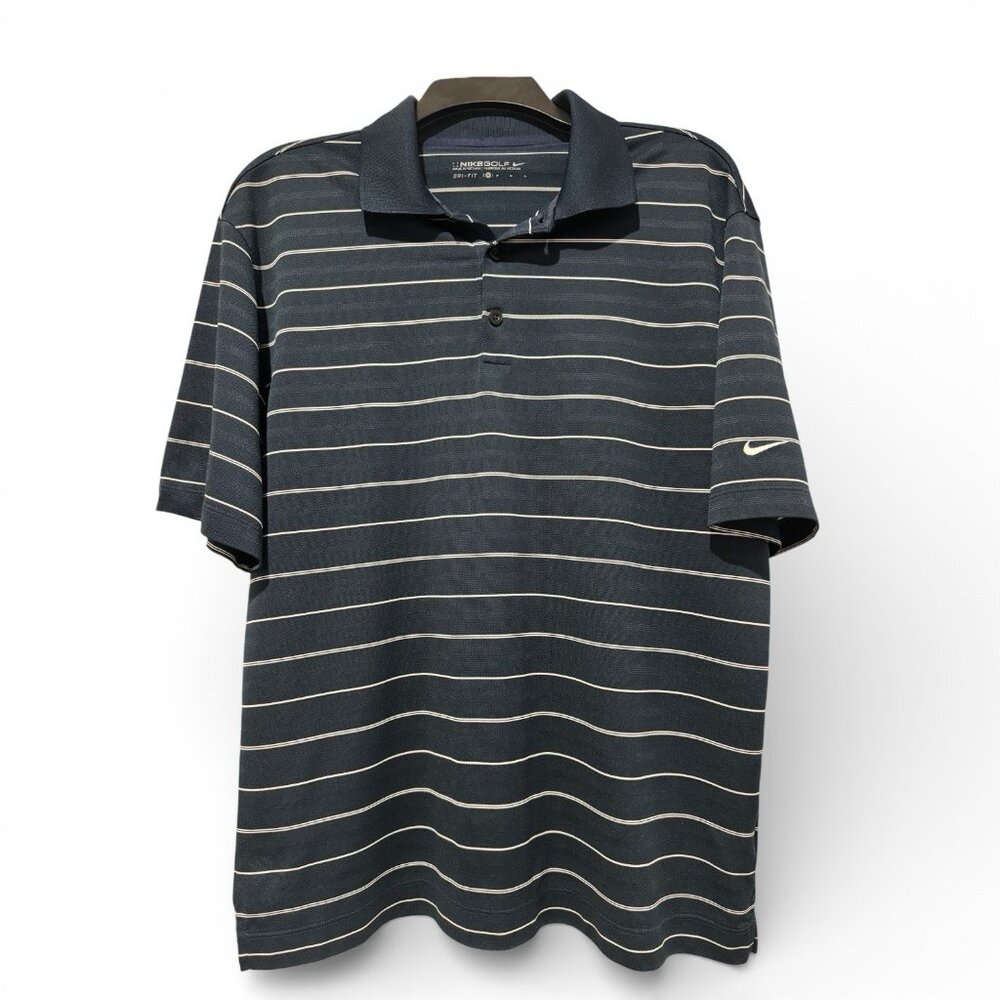 Nike Polo Shirt Mens Medium Navy Blue Striped Swoosh Dri Fit Golf Short Sleeve